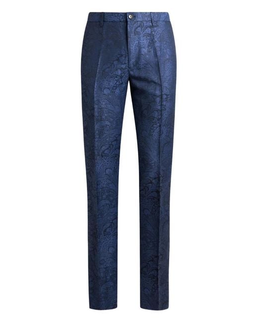 Etro Blue Jacquard Paisley-Motif Trousers for men