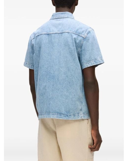 Karl Lagerfeld Blue Light Denim Short-Sleeve Shirt With Classic Collar for men