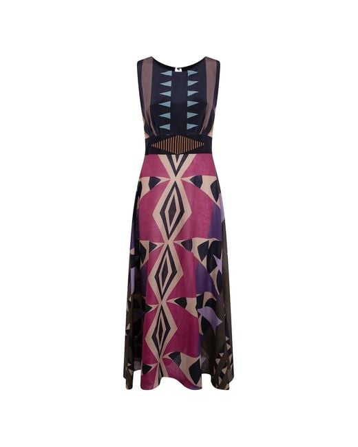 VOLANTIS Purple Panther Geometric-Print Sleeveless Linen Dress