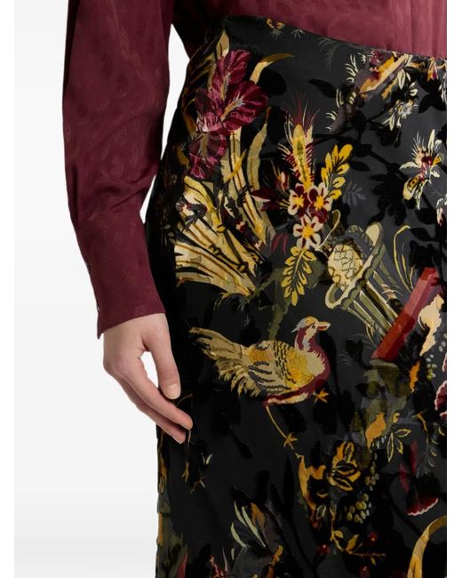 Etro Black Silk-Blend Burnout Velvet Midi Skirt With Flower And Animal Motif