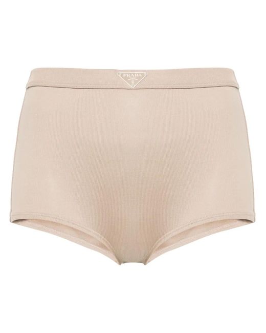 Prada Natural Triangle-Enamel Mini Shorts