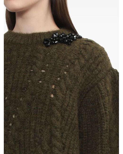 Simone Rocha Green Embellished Cable-Knit Sweater