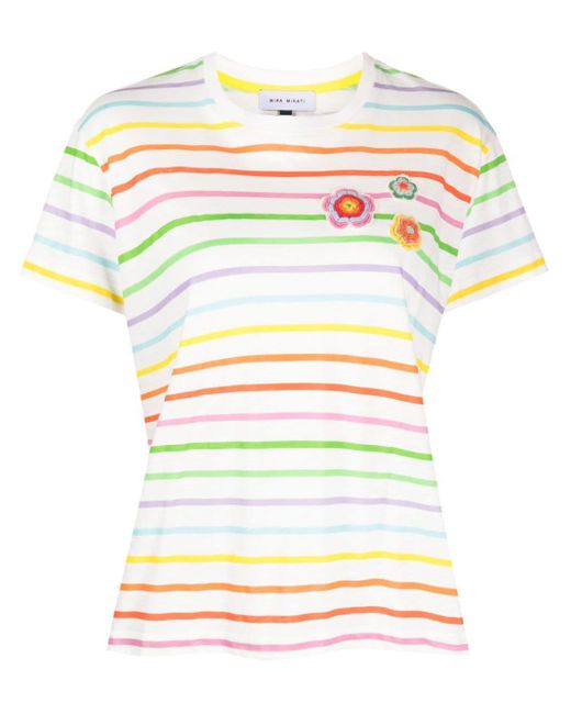 MIRA MIKATI White Floral-embroidered Striped T-shirt