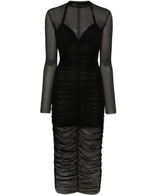 Versace Gesmockte Mesh Midi-jurk in het Black