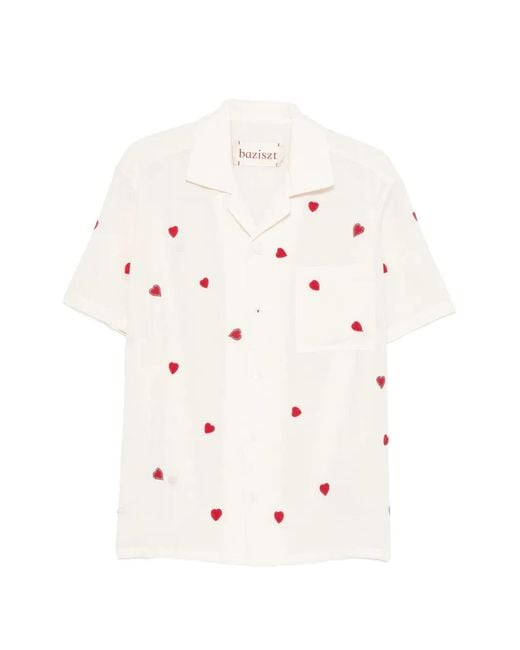 BAZISZT White Heart-Motif Short-Sleeve Shirt for men