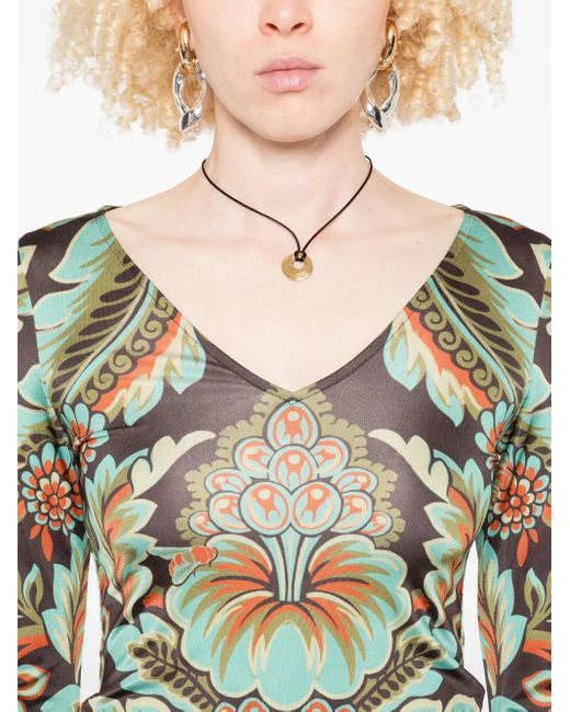 Etro Green Floral-Print Bell-Sleeve T-Shirt