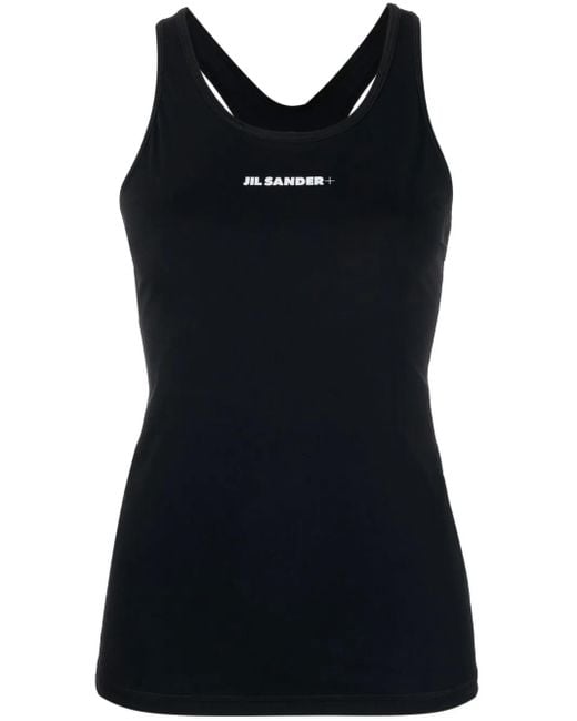 Jil Sander Black Stretch Fabric Top With Front Printed Logo