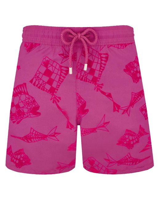 Vilebrequin Badeshorts mit beflocktem Fische-Print in Pink für Herren