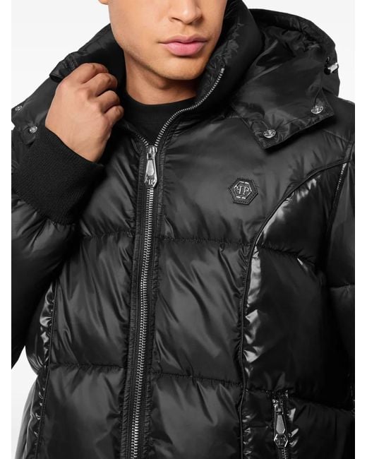 Philipp Plein Black Mix Nylon Short Puffer Jacket for men