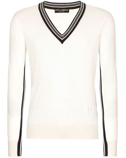 Dolce & Gabbana White Stripe-tipped Silk Jumper for men