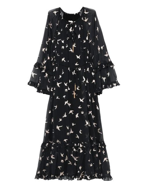 Zimmermann Black Bird Print Dress With Ruffles