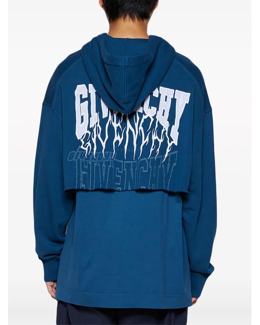 Givenchy Blue Logo-Print Layered Cotton Hoodie for men