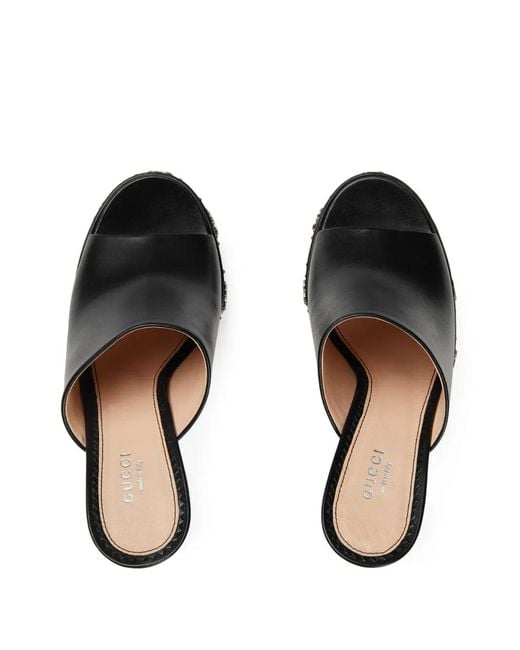 Gucci Black Leather Platform Sandals With Metallic Details And Curved Heels