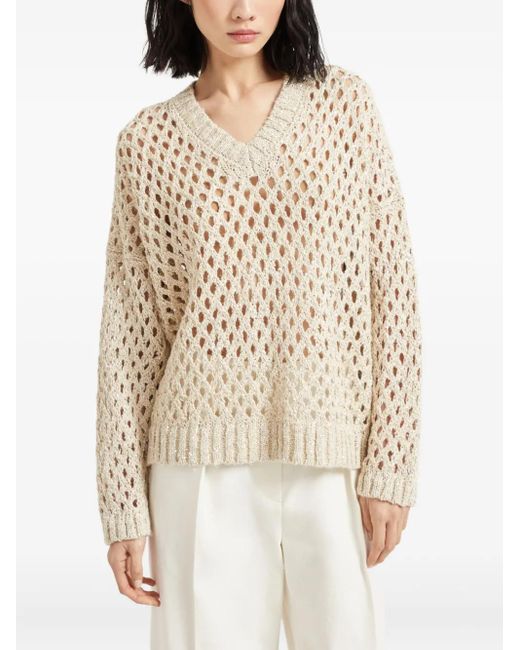 Brunello Cucinelli Natural Pullover Mit Lochstrickmuster