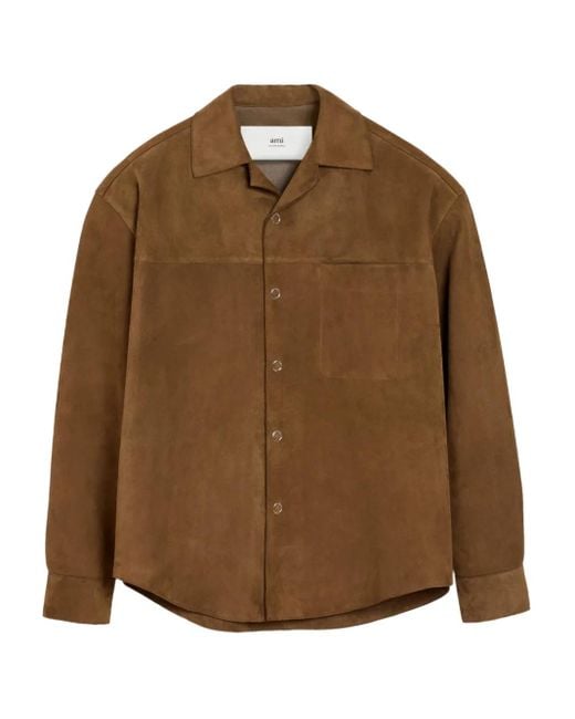 AMI Brown Leather Shirt Jacket