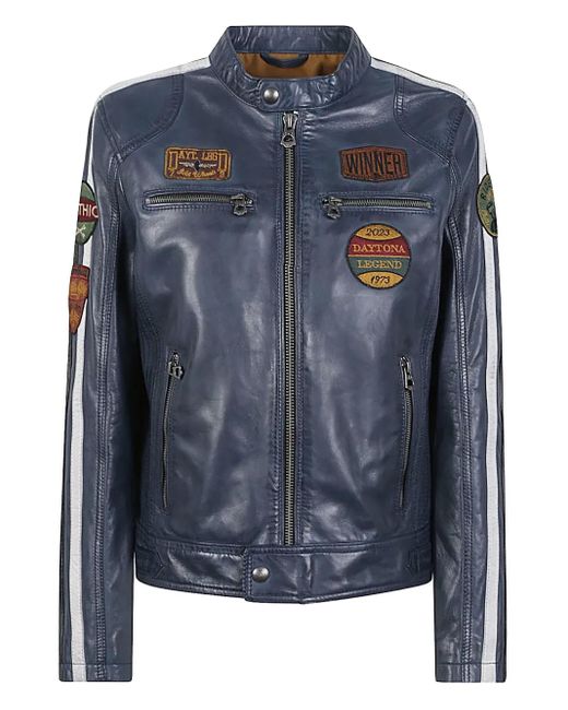 Daytona 73 Blue Racing-Patch Leather Jacket