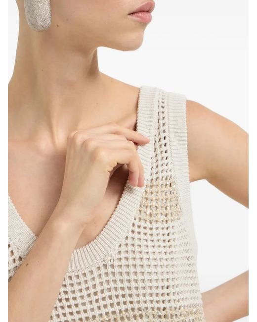 Brunello Cucinelli White Cotton Mesh Knit Dress With Dazzling Stripes