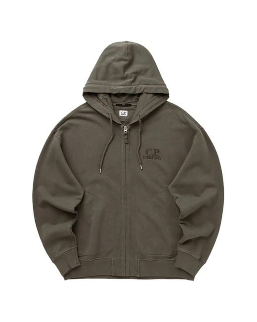 C P Company Gray Diagonal Fleece Boxy Zip Hooded Sweatshirt for men