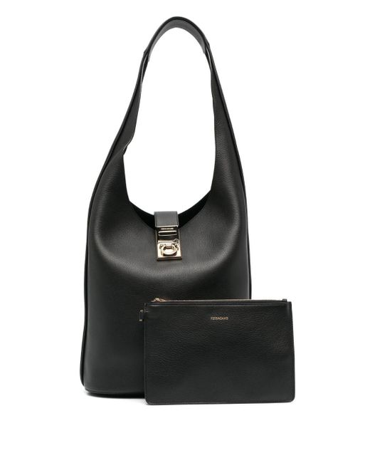 Ferragamo Black Small Gancini Leather Tote Bag