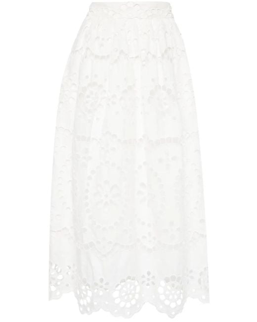 Zimmermann White Lexi Embroidered Linen Midi Skirt
