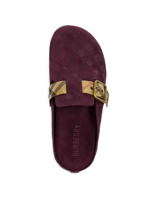 Burberry Purple Check-Pattern Buckle-Fastening Flat Mules