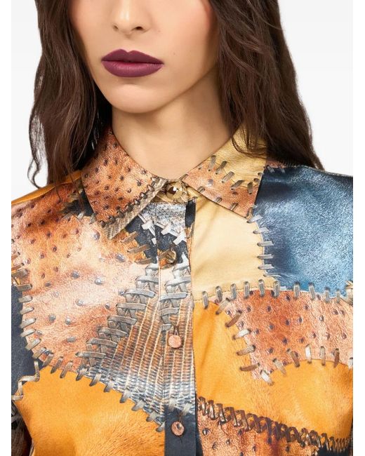 Roberto Cavalli White Patchwork-Print Long-Sleeve Shirt