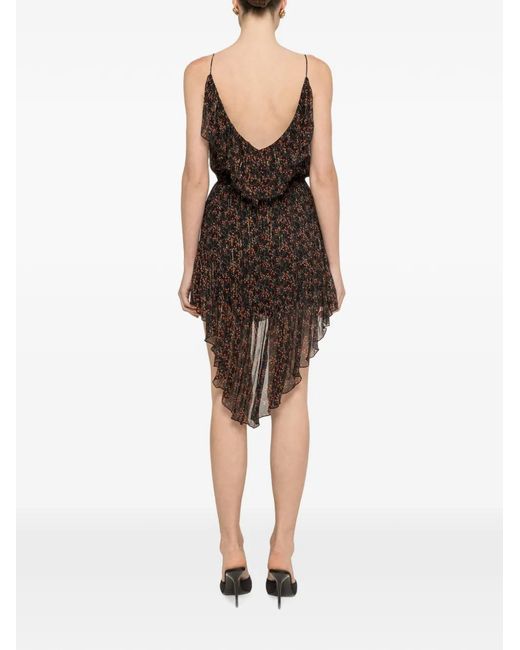Nissa Black Printed Silk Asymmetric Mini Dress