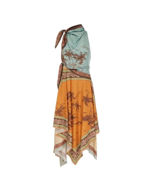 ALÉMAIS Orange Alberta Graphic-Print Handkerchief-Hem Midi Dress