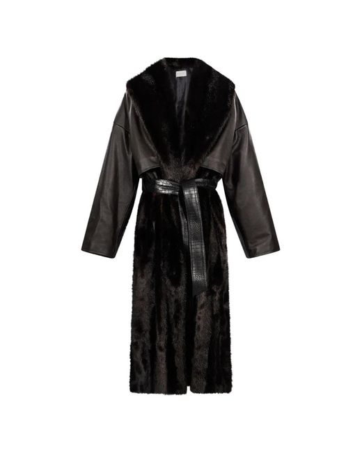 Magda Butrym Black Belted Faux-Fur Panelled Coat