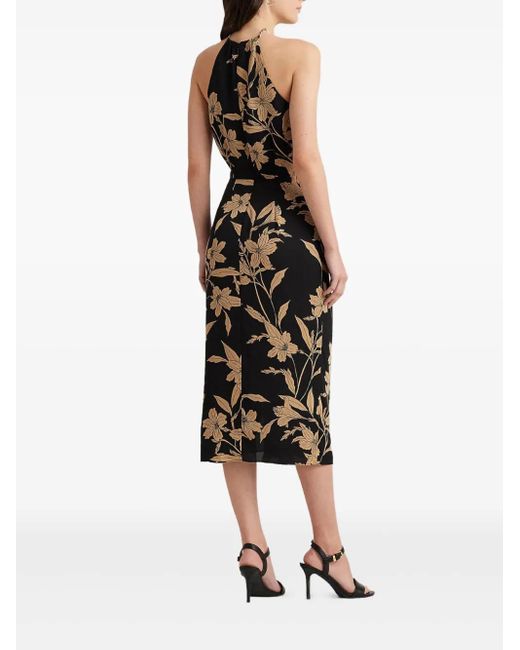 Ralph Lauren Black Floral Metal-Necklace Midi Dress