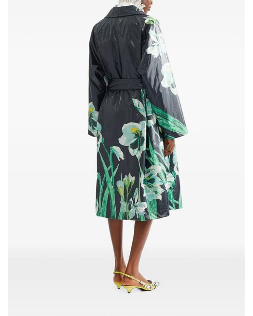 Erdem Green Floral-Print Coated Trench Coat