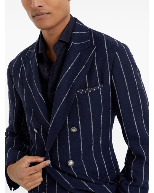 Brunello Cucinelli Blue Striped Double-breasted Blazer for men
