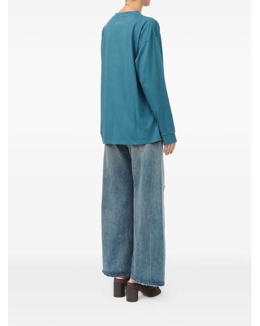 MM6 by Maison Margiela Blue Long-Sleeve Overdyed Handwritten-Print T-Shirt
