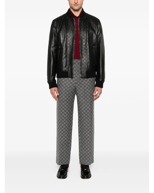 Gucci Black Embossed Gg Leather Bomber Jacket for men