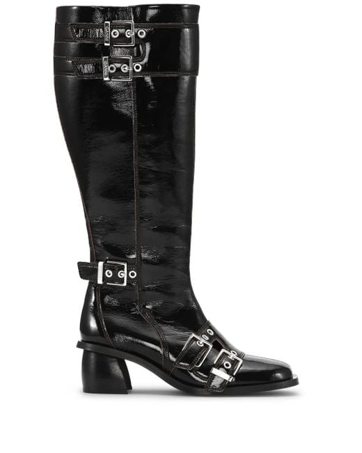 Ganni Black Double-Buckle Knee-High Boots