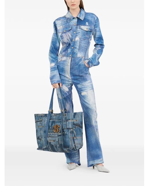 Roberto Cavalli Blue Patchwork-Effect Denim Jumpsuit