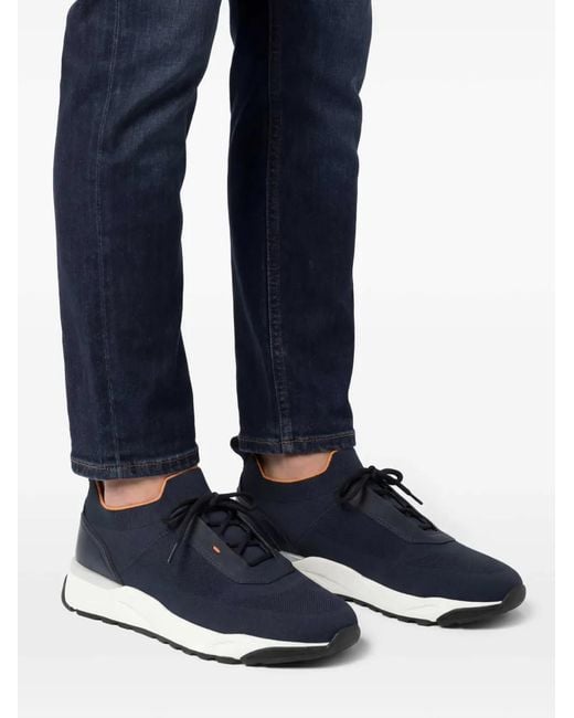 Santoni Blue Knitted-Upper Sneakers for men
