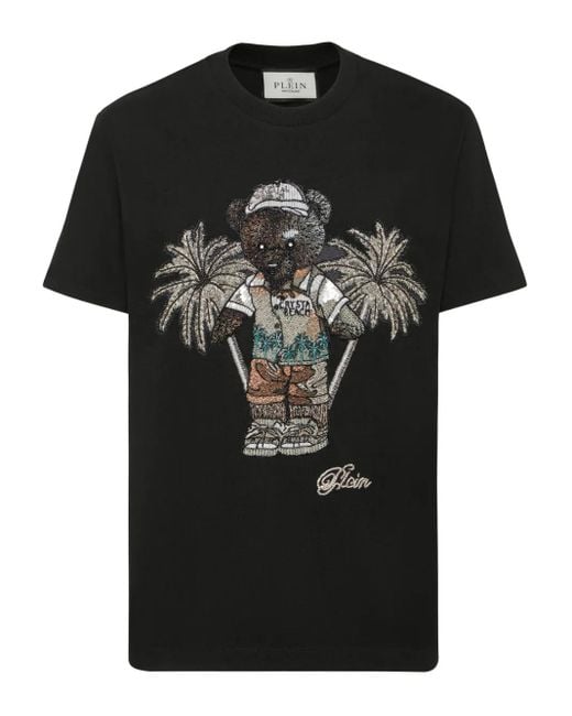 Philipp Plein Black Round Neck T-Shirt Teddy Bear for men