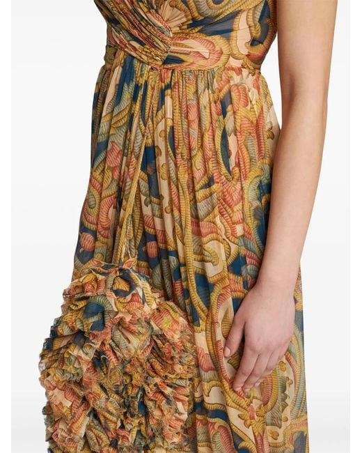 Etro Metallic Ruched-Detailing Printed Silk Maxi Dress