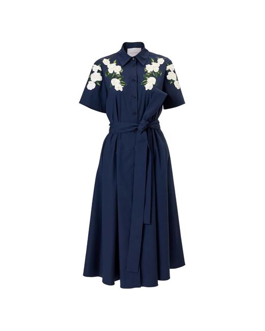 Carolina Herrera Blue Floral-Embroidered Belted Midi Dress