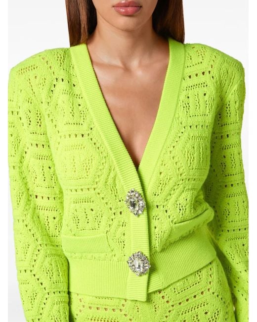 Philipp Plein Green Monogram-Intarsia Cropped Cardigan