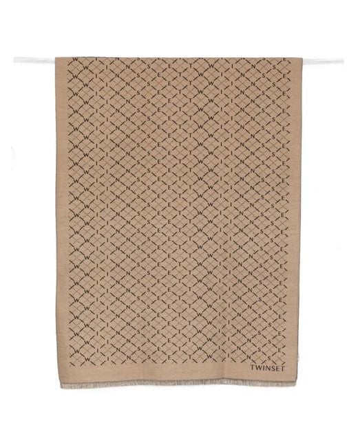 Twinset Natural Logo-Print Frayed Scarf