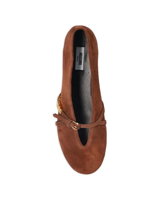 Moschino Brown Logo-Plaque Leather Ballet Flats
