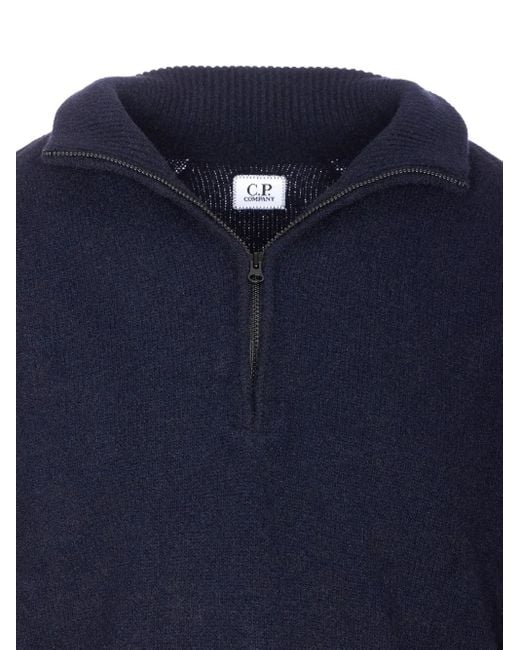 C P Company Blue Zip-Neck Logo-Patch Sweater for men