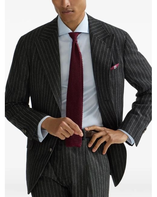 Brunello Cucinelli Black Virgin Wool And Cashmere Chalk Stripe Flannel Deconstructed Blazer With Large Peak Lapels And Metal Buttons for men