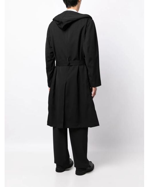 Yohji Yamamoto Black Belted Hooded Wool Trench Coat for men
