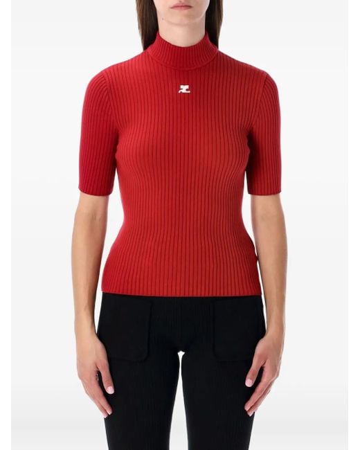 Courreges Red Gerippter Reedition Pullover mit Stehkragen