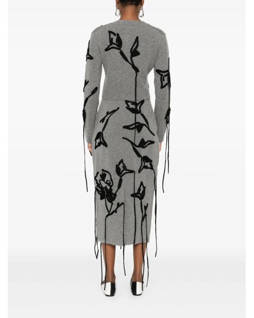 Erdem Gray Floral-Embroidered Tie-Detail Cardigan