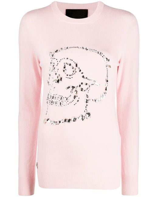 Philipp Plein Pink Look At Me Skull Embellished Jumper