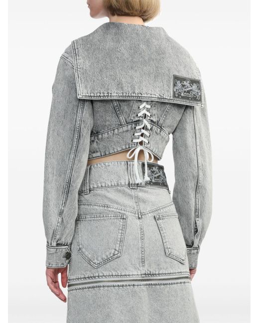VAQUERA Gray Lace-detail Cropped Denim Jacket